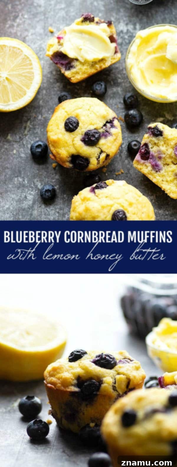 An overhead view of a cutting board displaying several blueberry cornbread muffins, some whole, some with generous dollops of lemon honey butter, and a knife nearby.