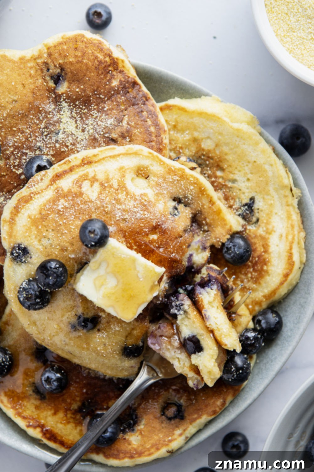 Golden Corn & Berry Flapjacks 5 A close-up shot of a single blueberry cornmeal pancake with visible blueberries, highlighting its fluffy texture and golden-brown edges.