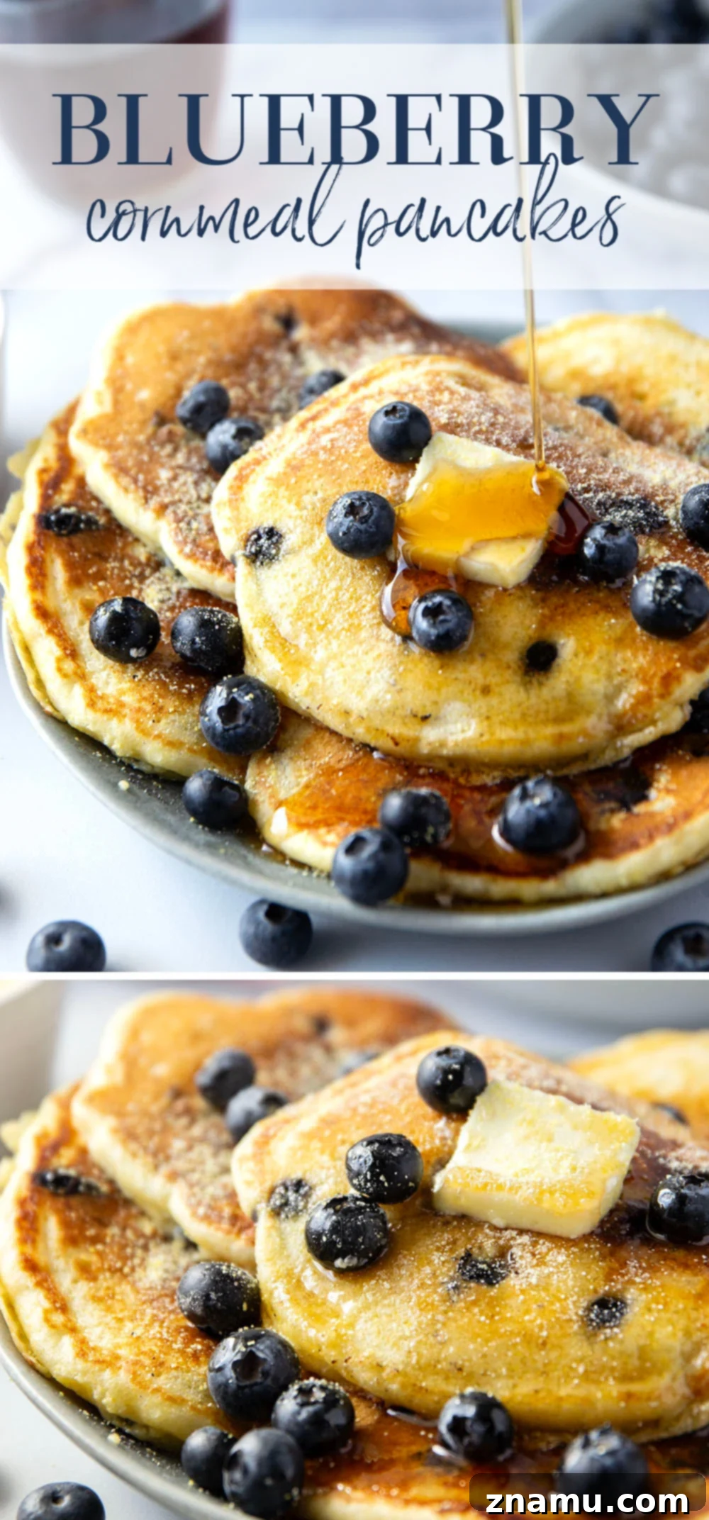 Golden Corn & Berry Flapjacks 7 A towering stack of blueberry cornmeal pancakes with fresh blueberries, a melting pat of butter, and ample maple syrup cascading down the sides.