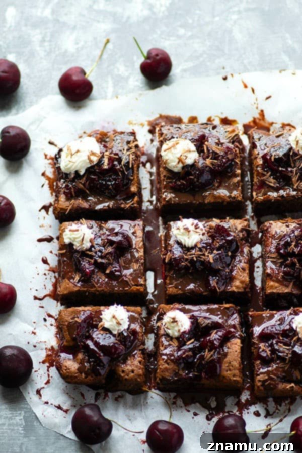 Velvet Cherry Forest Brownies 3 Close-up of Black Forest Cherry Brownies, showcasing their fudgy texture and juicy cherry swirls.