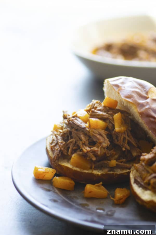Tropical Instant Pot BBQ Beef Sandwiches 3 Close-up of shredded Instant Pot Pineapple BBQ Beef, showing its incredible tenderness and rich color.