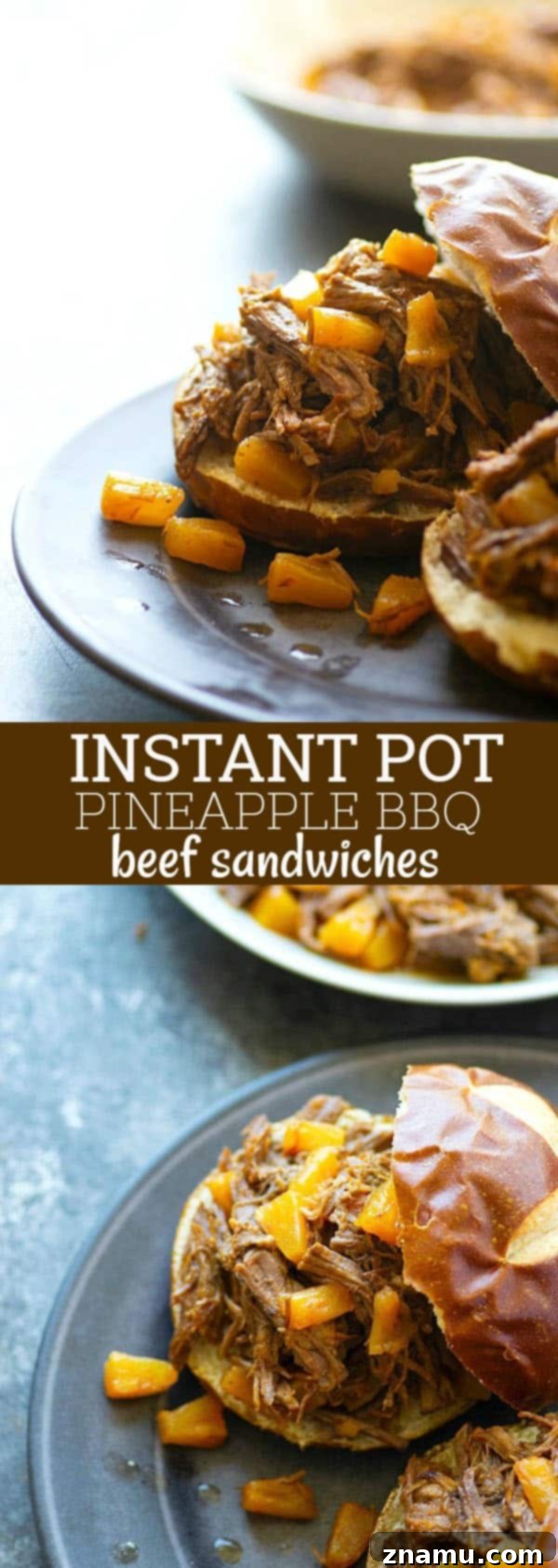 Tropical Instant Pot BBQ Beef Sandwiches 6 An overhead shot of Instant Pot Pineapple BBQ Beef Sandwiches, showcasing their delicious appeal.