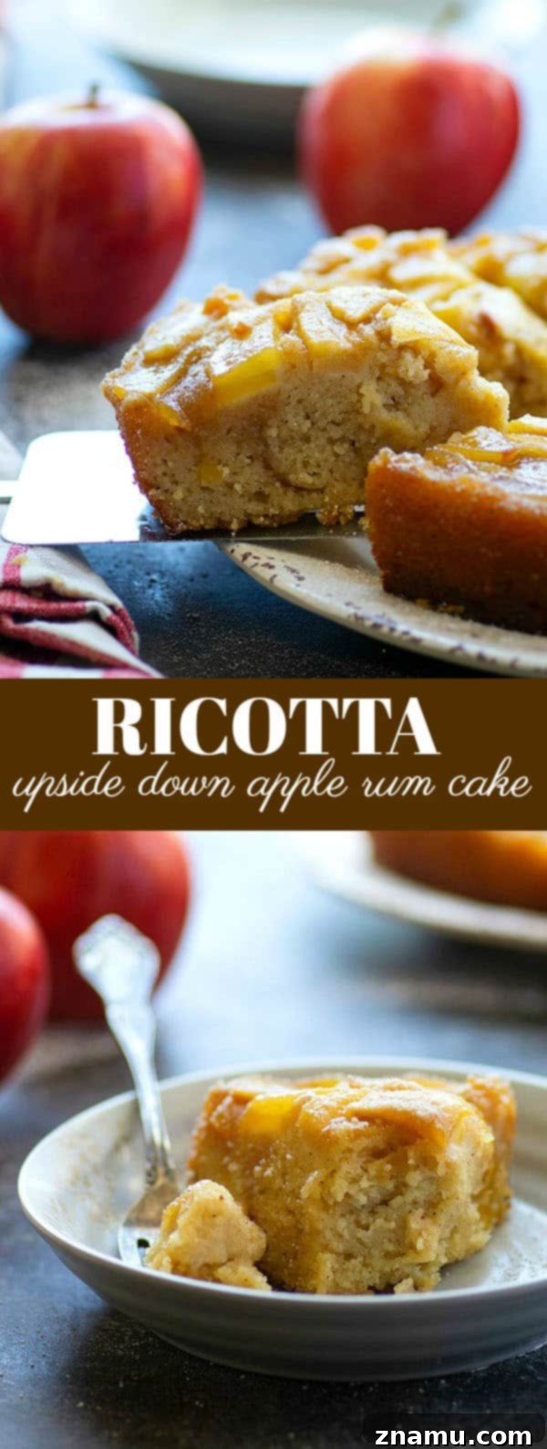 Ricotta Apple Rum Delight 6 Rich ricotta and spiced rum in the cake batter and a caramel apple upside down topping make for an incredible cake duo in this stunning apple rum cake!