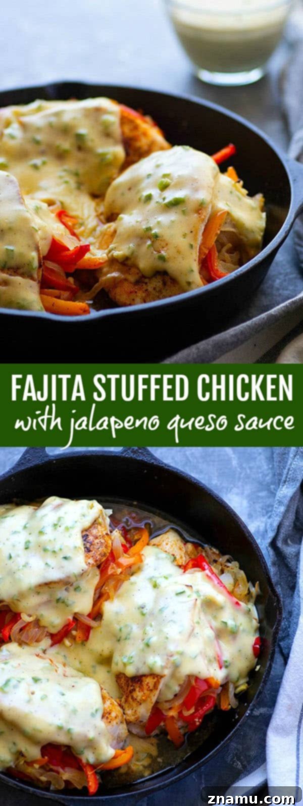 Spicy Fajita-Stuffed Chicken with Creamy Queso 6 Overhead shot of two Fajita Stuffed Chicken breasts on a plate, drenched in golden Queso sauce, garnished