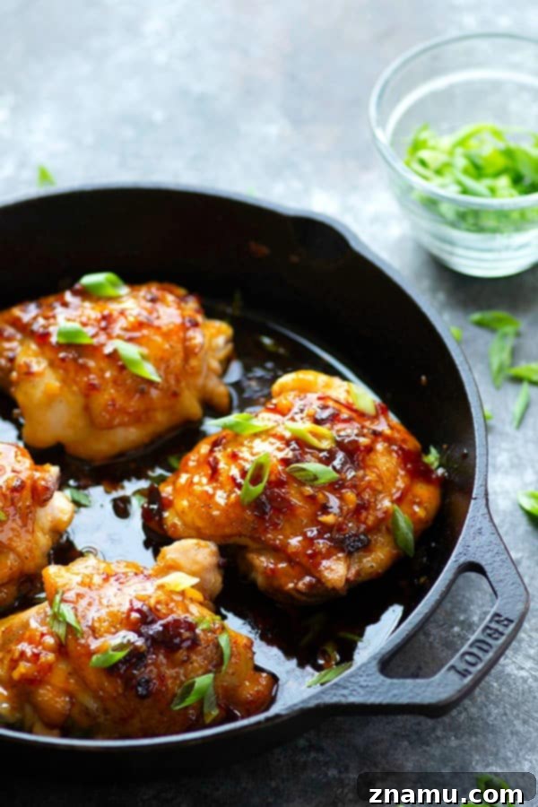 A serving of sticky honey chipotle chicken thighs over fluffy jasmine rice, garnished with fresh green onions and generously drizzled with extra sauce for a complete meal.