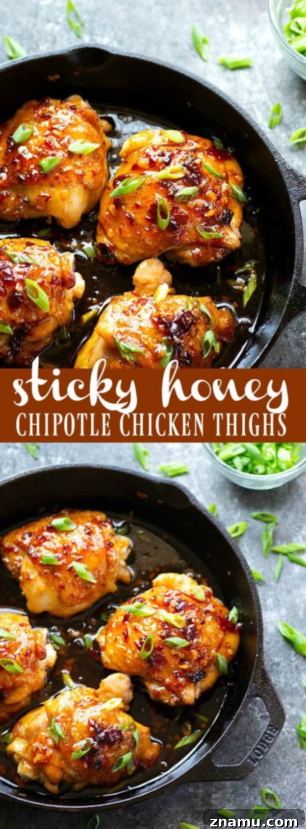 Overhead shot of sticky honey chipotle chicken thighs, beautifully garnished with fresh herbs, highlighting the rich, caramelized glaze and inviting texture.