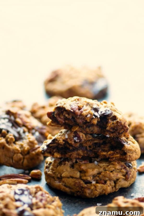 Rustic Dark Chocolate Pecan Oatmeal Cookies 3 Gooey dark chocolate, toasty pecans, tender oats, and a sprinkle of sea salt take these pecan oatmeal cookies to the next level! Comes together in one bowl with NO dough chilling required.