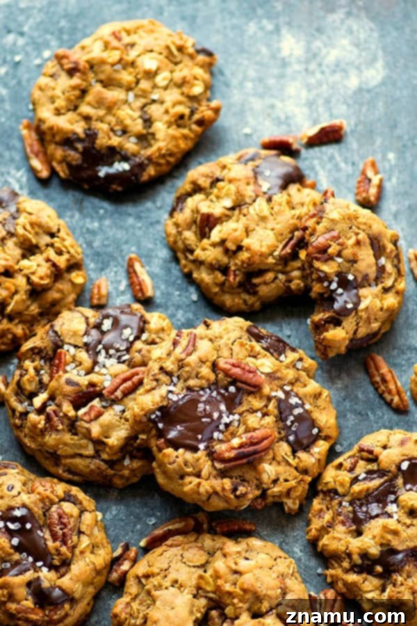 Rustic Dark Chocolate Pecan Oatmeal Cookies 5 Gooey dark chocolate, toasty pecans, tender oats, and a sprinkle of sea salt take these pecan oatmeal cookies to the next level! Comes together in one bowl with NO dough chilling required.