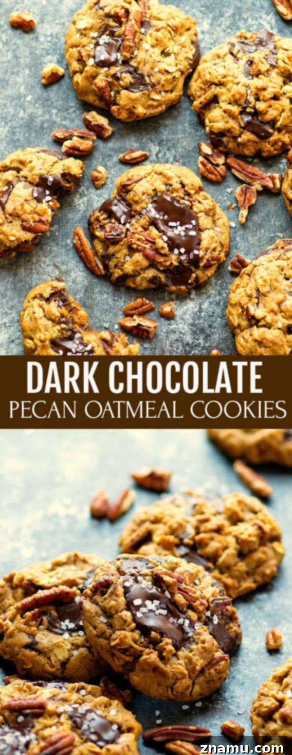 Rustic Dark Chocolate Pecan Oatmeal Cookies 6 Gooey dark chocolate, toasty pecans, tender oats, and a sprinkle of sea salt take these pecan oatmeal cookies to the next level! Comes together in one bowl with NO dough chilling required.