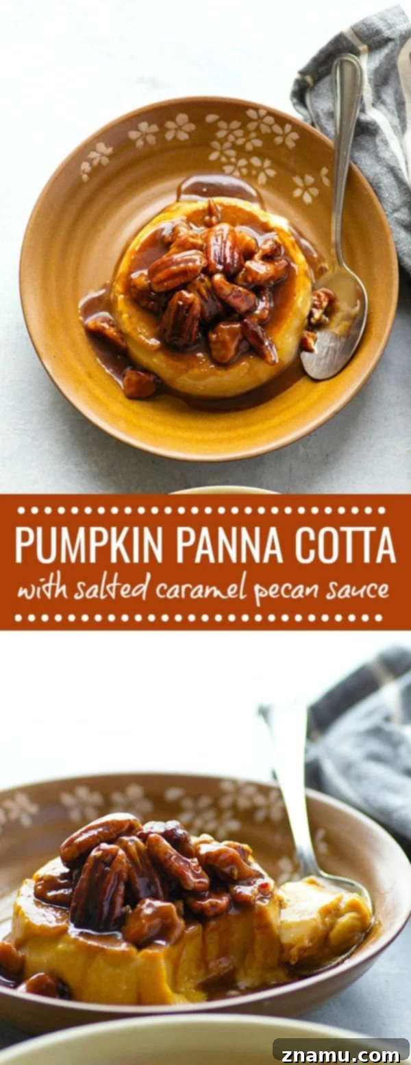 Autumn Spice Panna Cotta with Salted Pecan Caramel 6 Overhead shot of two pumpkin panna cottas, one still in a ramekin, the other topped with caramel pecan sauce, on a rustic wooden surface.