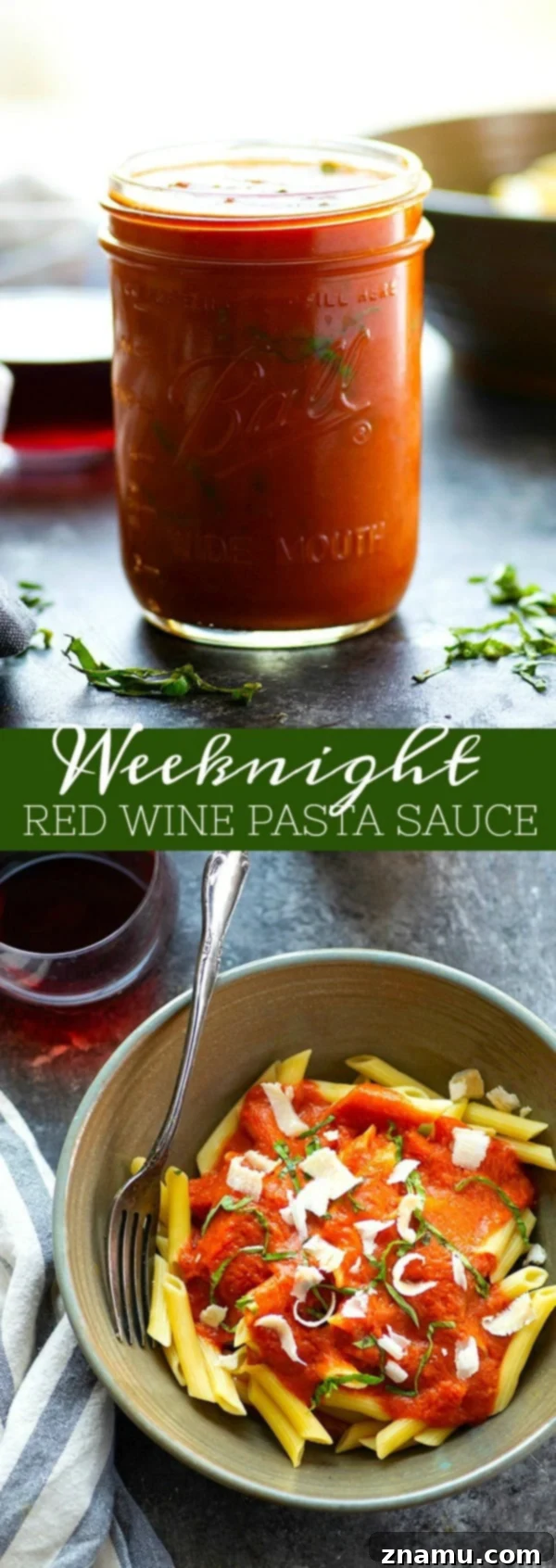 Effortless Red Wine Pasta Sauce 6 A beautiful shot of the finished red wine pasta sauce in a pot, with pasta ready to be added, garnished with fresh herbs.
