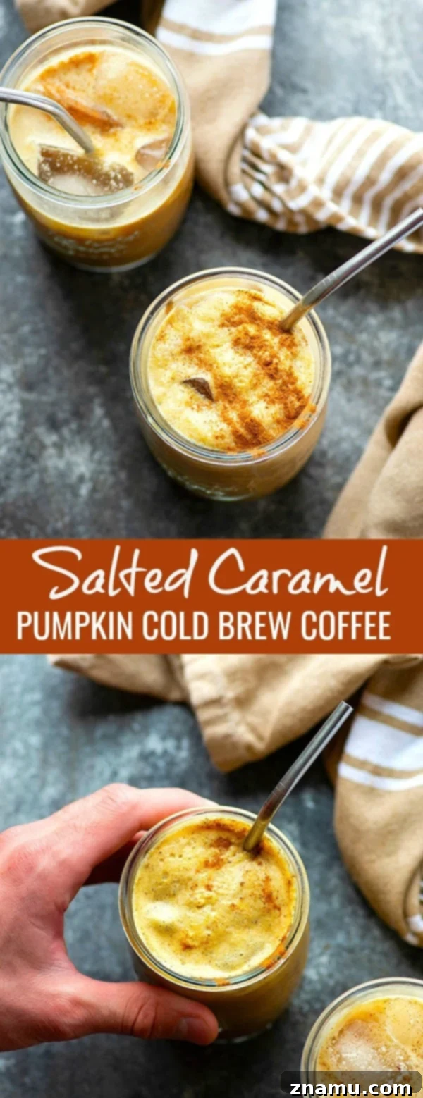 Decadent Salted Caramel Pumpkin Cold Brew Coffee 6 Pumpkin cold brew is the easiest fall coffee drink to make at home. A homemade salted caramel syrup, warming fall spices, and pumpkin take this creamy coffee drink over the top!