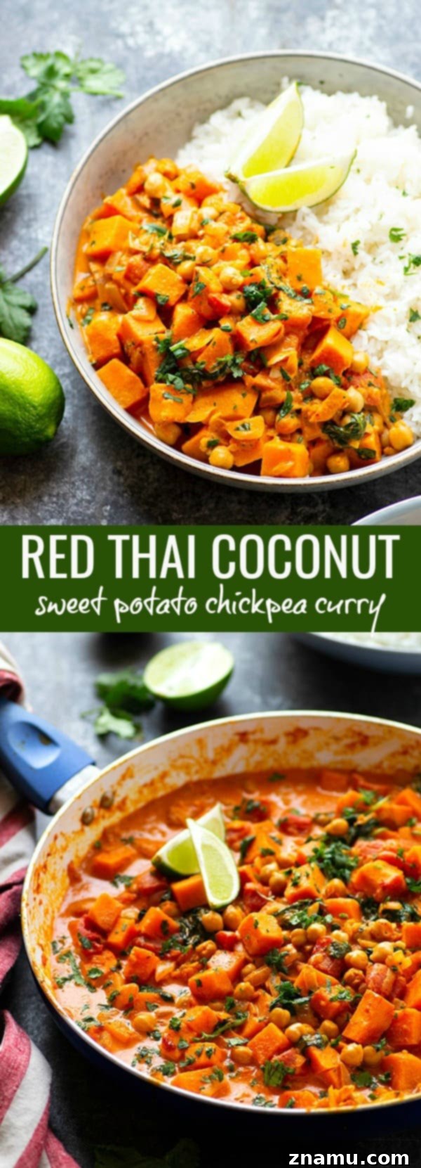 Red Thai sweet potato chickpea curry in a creamy spicy coconut sauce is loaded with hearty vegetables and an incredible vegetarian take on curry!