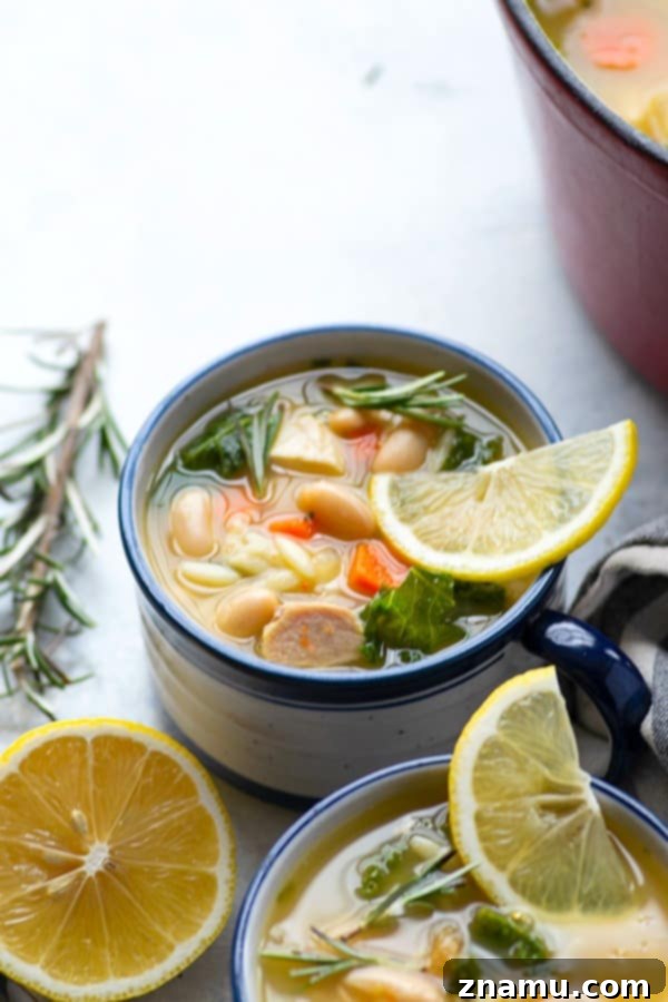 Close-up of Turkey Orzo Kale White Bean Soup, showing the rich broth, tender turkey, and vibrant kale.