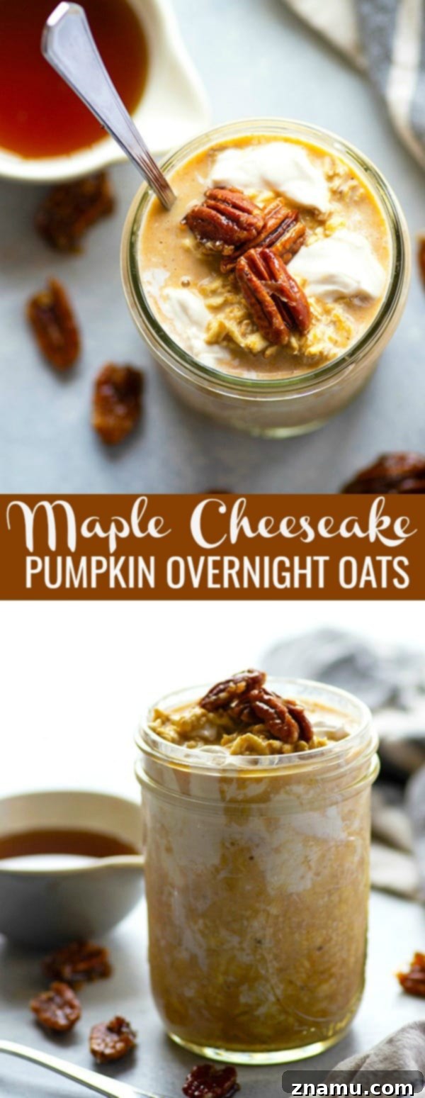 Sweet maple syrup, creamy pumpkin, and a luscious swirl of cheesecake take these pumpkin overnight oats over the top! Only TEN minutes of prep time the night before.