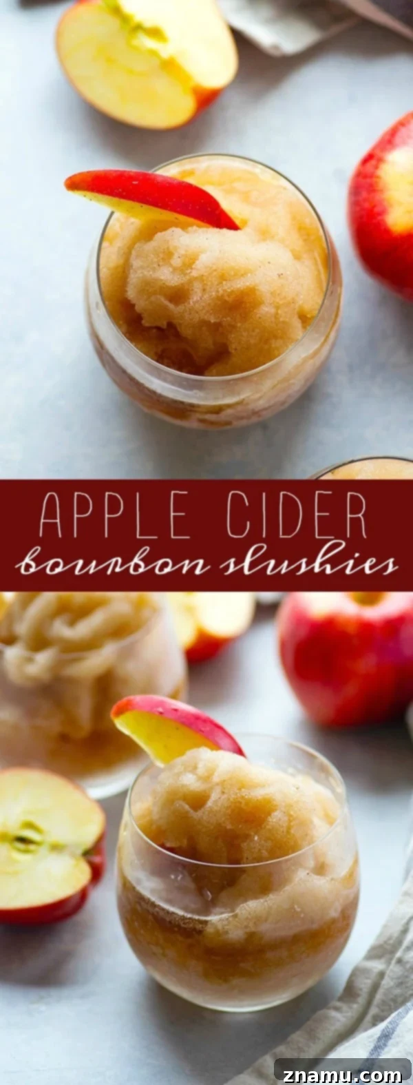 Autumn Bourbon Apple Freeze 6 A beautifully styled shot of Apple Cider Bourbon Slushies, suggesting a gathering or celebration.