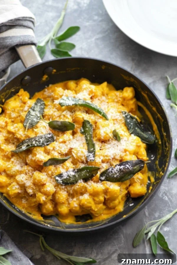 Golden Pumpkin Gnocchi with Asiago Sage Cream 2 Loaded with pumpkin flavor, sharp Asiago cheese, and crispy fried sage, this creamy pumpkin alfredo gnocchi comes together in only 35 minutes and is the perfect festive fall side dish!