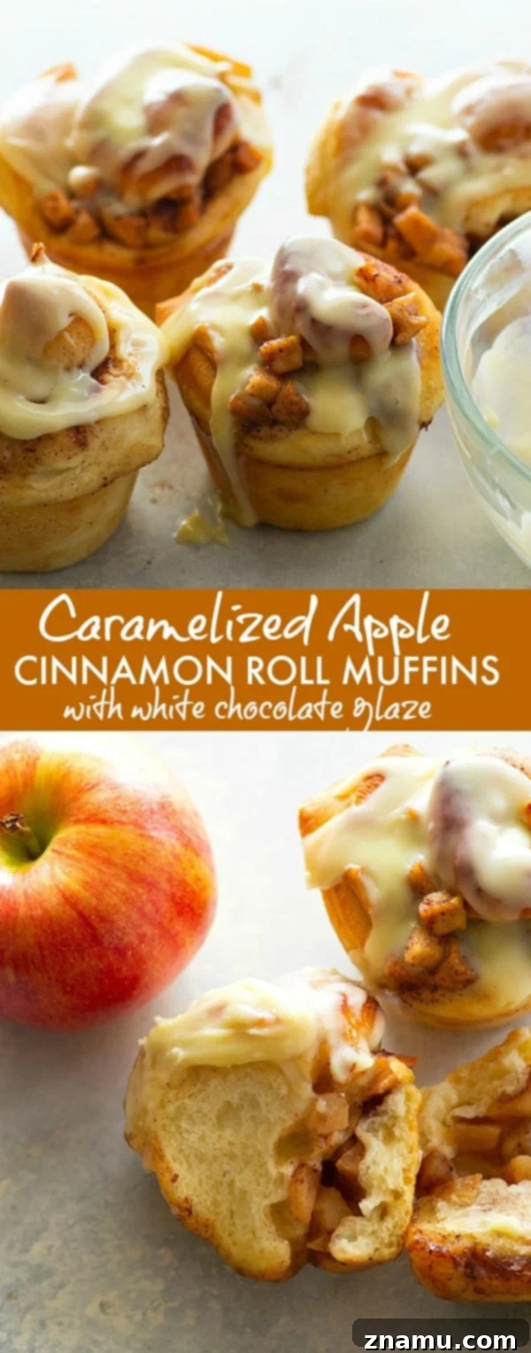 Fluffy cinnamon roll muffins are stuffed with a caramelized apple filling and glazed in a sweet white chocolate glaze for a dreamy fall breakfast!