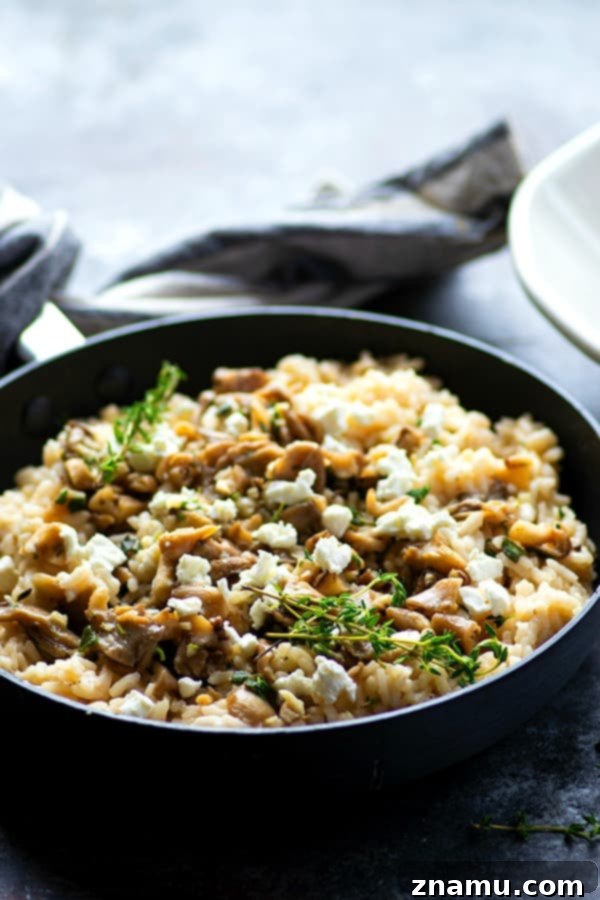 Flavorful garlic butter and tender shiitake mushrooms take this creamy goat cheese risotto to the next level! Ready in only 30 minutes in one pot!