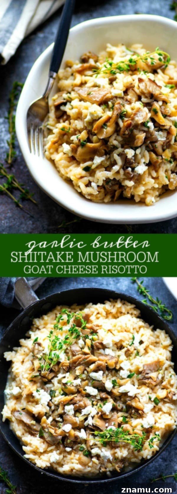 Flavorful garlic butter and tender shiitake mushrooms take this creamy goat cheese risotto to the next level! Ready in only 30 minutes in one pot!