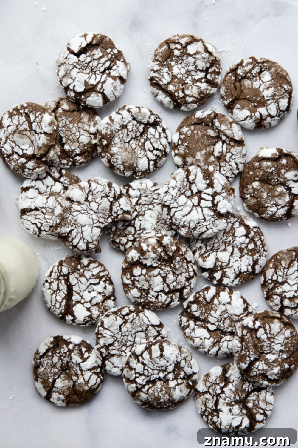 Deep Chocolate Molasses Crinkles 5 Raw chocolate molasses crinkle cookie dough balls, coated in sugar, arranged on a baking sheet.