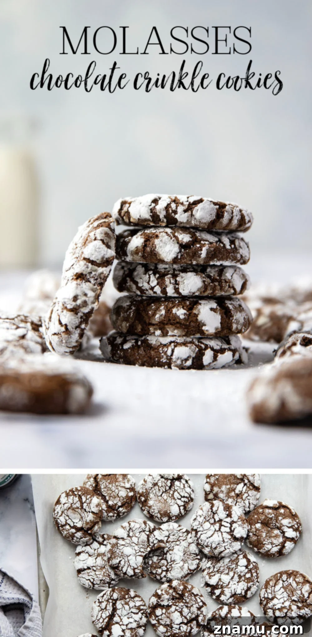 Deep Chocolate Molasses Crinkles 7 Beautifully presented chocolate molasses crinkle cookies, showcasing their intricate cracks and rich color.