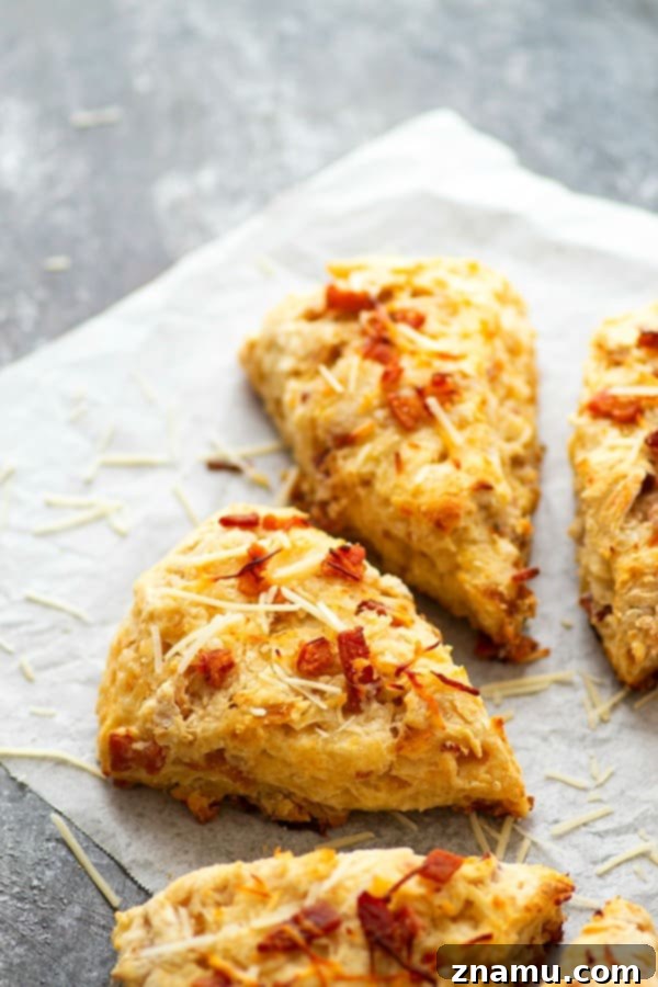 Close-up of a perfectly baked Asiago Caramelized Onion Bacon Scone, showing its golden-brown crust and flaky layers, ready to be enjoyed.