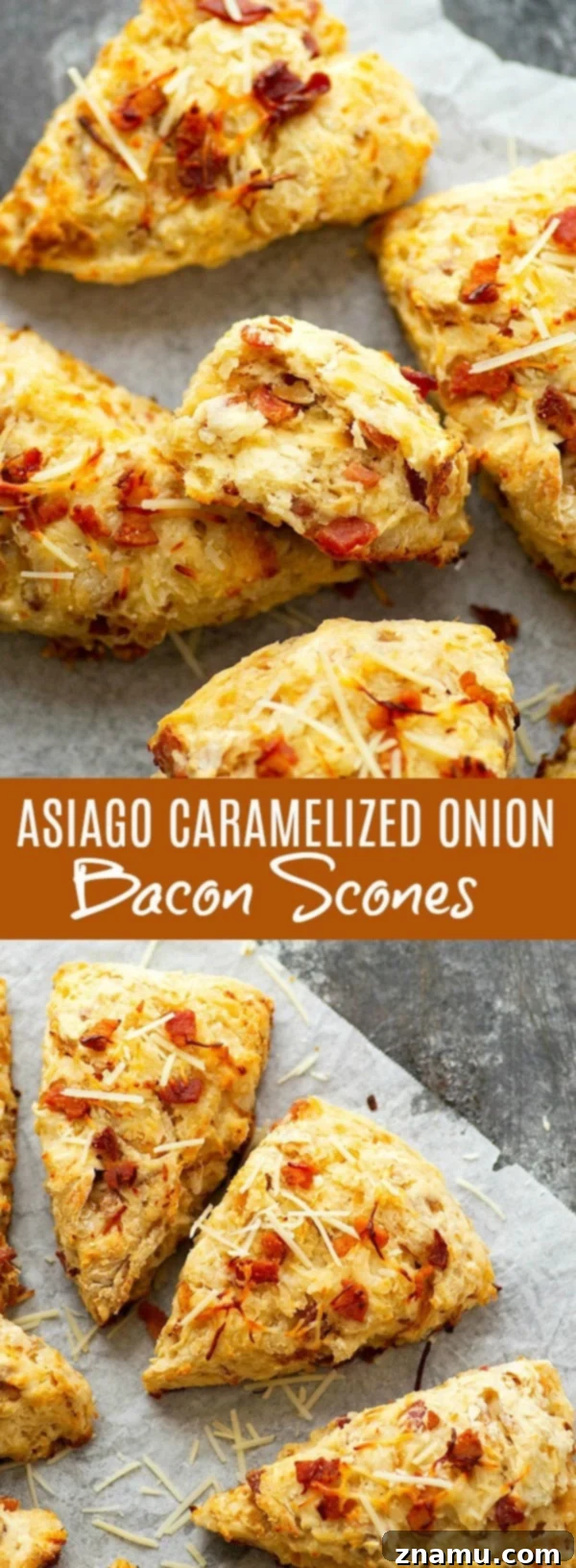 A stack of golden-brown Asiago Caramelized Onion Bacon Scones, ready to be served, emphasizing their flaky texture and appealing crust.