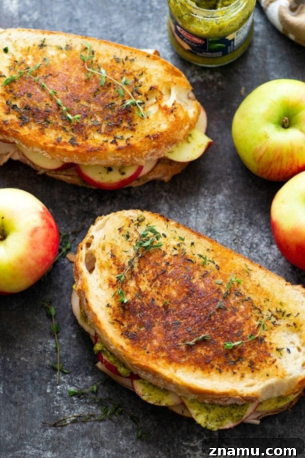 Harvest Turkey Panini with Apple, Gouda, and Pesto 3 Turkey panini is layered with hearty turkey slices, crunchy apples, flavorful pesto, and gooey gouda cheese for one showstopper sandwich! -- this is the perfect panini for turkey leftovers!