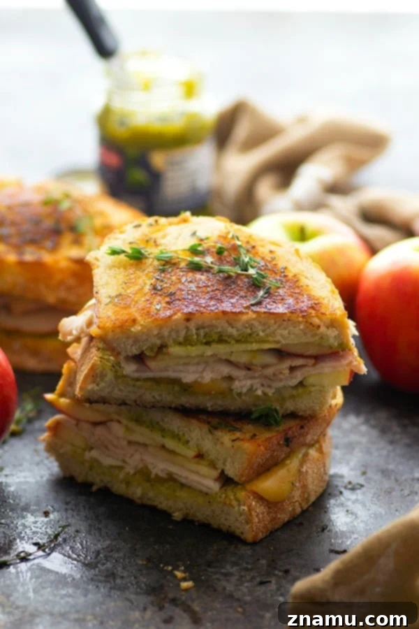 Harvest Turkey Panini with Apple, Gouda, and Pesto 4 Turkey panini is layered with hearty turkey slices, crunchy apples, flavorful pesto, and gooey gouda cheese for one showstopper sandwich! -- this is the perfect panini for turkey leftovers!