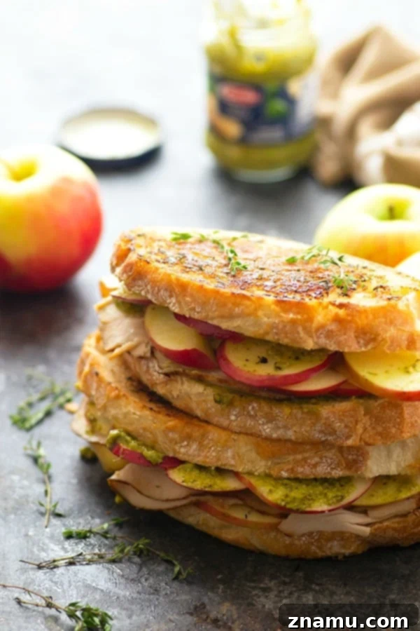 Harvest Turkey Panini with Apple, Gouda, and Pesto 5 Turkey panini is layered with hearty turkey slices, crunchy apples, flavorful pesto, and gooey gouda cheese for one showstopper sandwich! -- this is the perfect panini for turkey leftovers!