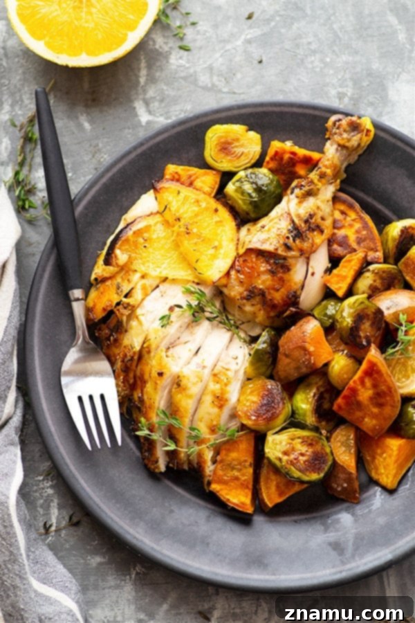 Zesty Ginger Orange Chicken & Roasted Vegetables 2 Roasted with a ginger orange butter and served with tender sweet potatoes and brussels sprouts, this orange roast chicken is a simple, yet impressive way to make roast chicken for a holiday dinner!