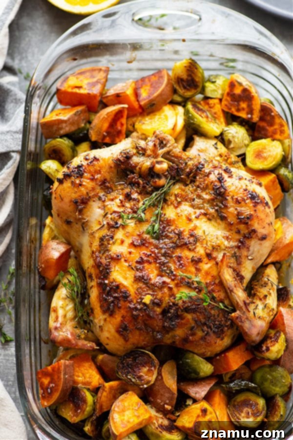 Zesty Ginger Orange Chicken & Roasted Vegetables 4 Close-up of golden-brown roasted chicken skin, showing the infused ginger orange butter and herbs, alongside perfectly roasted sweet potatoes and Brussels sprouts.