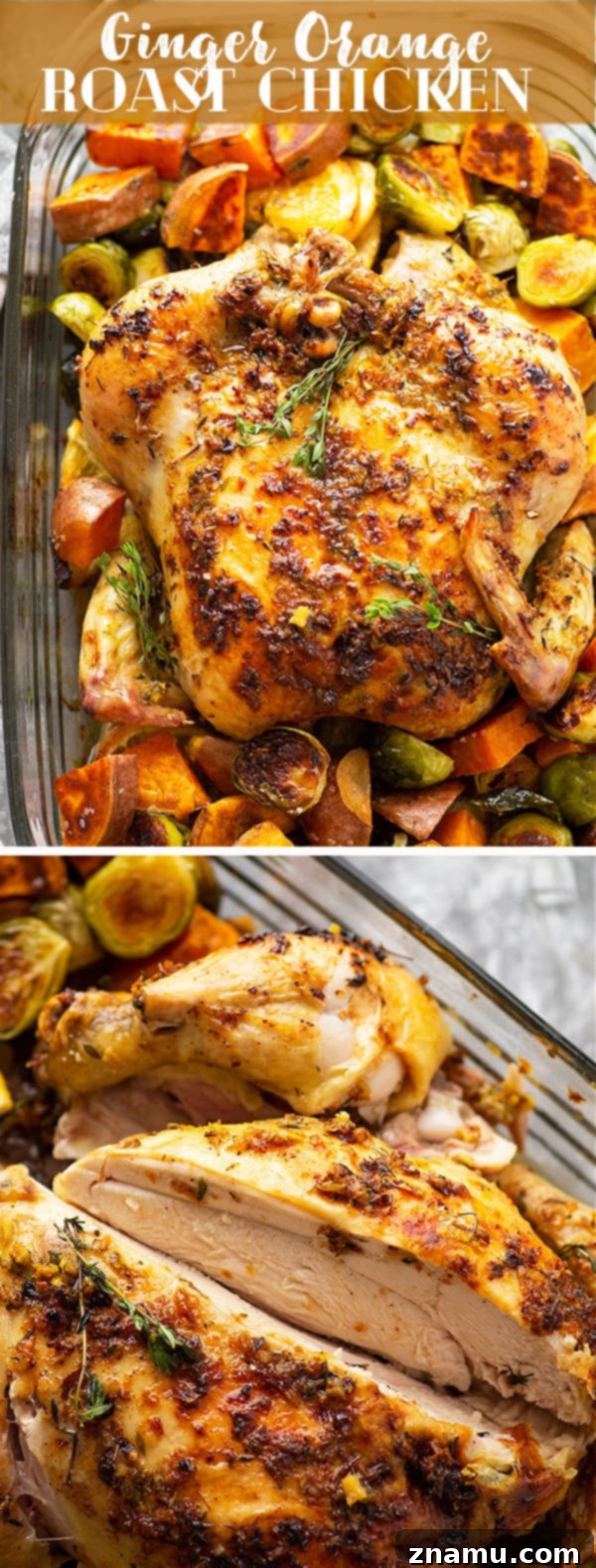 Zesty Ginger Orange Chicken & Roasted Vegetables 6 An overhead shot of a festive holiday dinner table setting featuring the Ginger Orange Roast Chicken with sweet potatoes and Brussels sprouts, ready to be served.