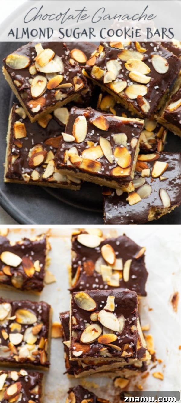 Decadent Chocolate Ganache Almond Sugar Cookie Bars 6 An overhead shot of an array of chocolate ganache almond sugar cookie bars, emphasizing their perfect squares and delicious topping.