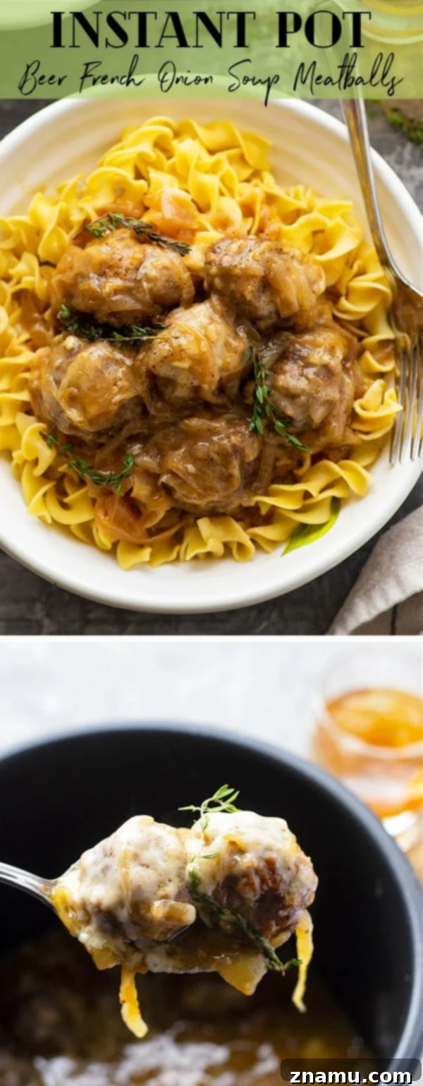 A large serving of Instant Pot French Onion Soup Meatballs in a skillet, garnished with fresh thyme.