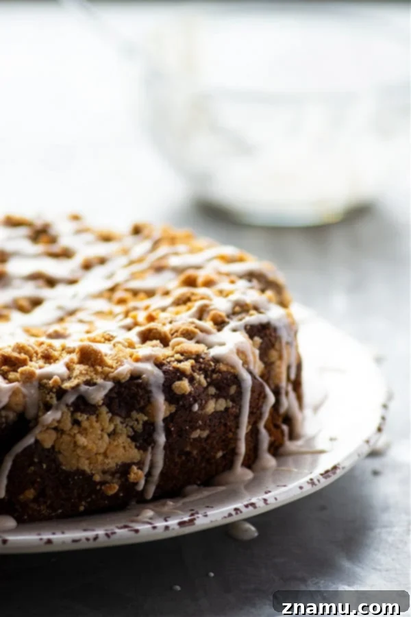 Brown Butter Gingerbread Crumb Coffee Cake 5 A close-up of a gingerbread coffee cake with browned butter and streusel, showcasing its beautiful golden-brown crust and inviting texture, perfect for sharing.