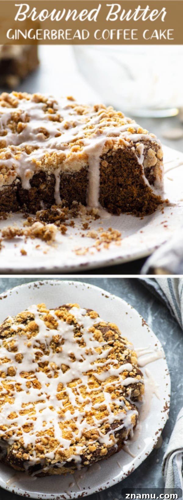 Brown Butter Gingerbread Crumb Coffee Cake 6 An overhead view of the full browned butter gingerbread coffee cake, beautifully glazed and garnished, presented on a round serving plate, highlighting its inviting appeal.