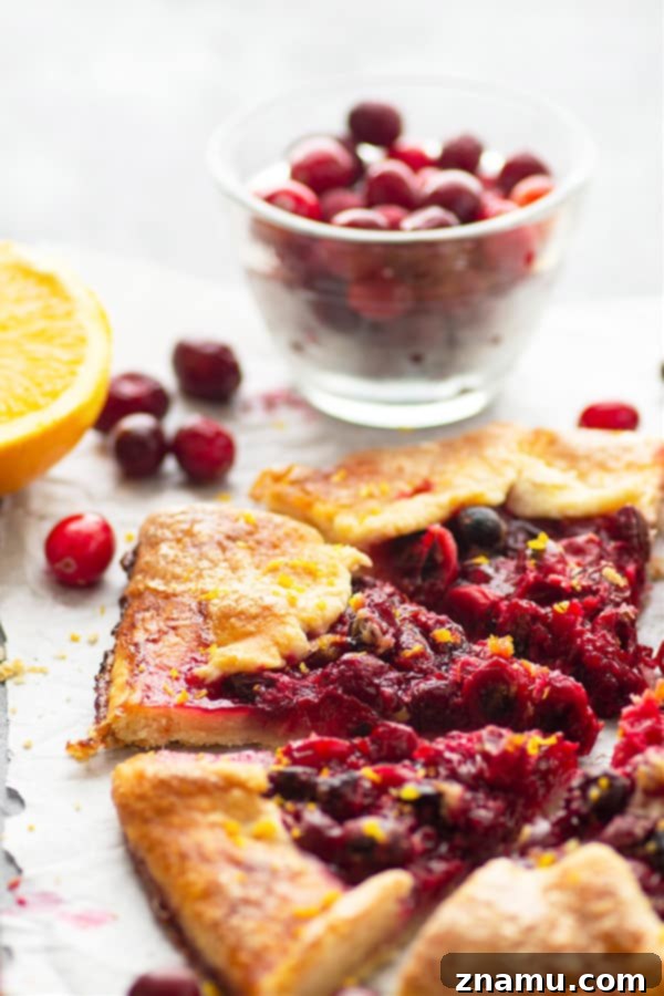 Ginger-Kissed Orange & Cranberry Galette 3 Close-up of a slice of Orange Ginger Cranberry Galette, highlighting the rich fruit filling and golden-brown, rustic pastry crust.