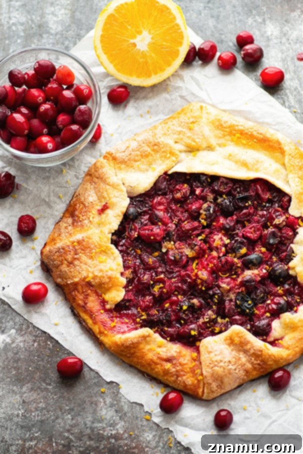 Ginger-Kissed Orange & Cranberry Galette 4 Baked Orange Ginger Cranberry Galette, showing its golden, rustic crust and the vibrant, bubbly cranberry filling, ready to be sliced and served.