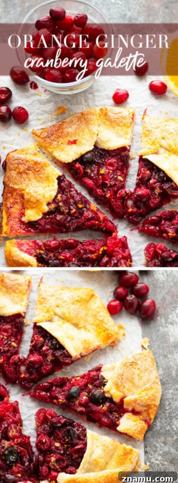 Ginger-Kissed Orange & Cranberry Galette 6 A whole Orange Ginger Cranberry Galette on a rustic wooden board, garnished with fresh cranberries and orange slices, ready for serving.