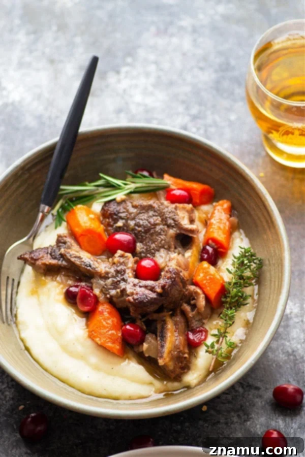 Autumn Harvest Short Ribs with Cranberry Apple Cider Braise 4 Ingredients for apple cider braised short ribs simmering in a Dutch oven, including beef, apples, and cranberries.