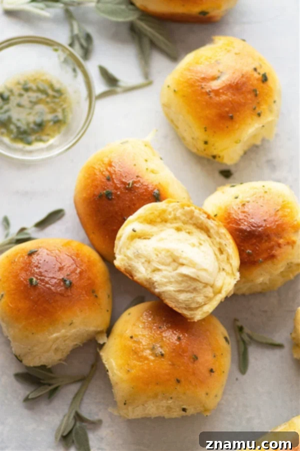 Soft Milk Bread Rolls with Honey Sage Butter 3 A stack of golden Japanese Milk Bread Rolls, gleaming with honey sage butter, ready to be served.
