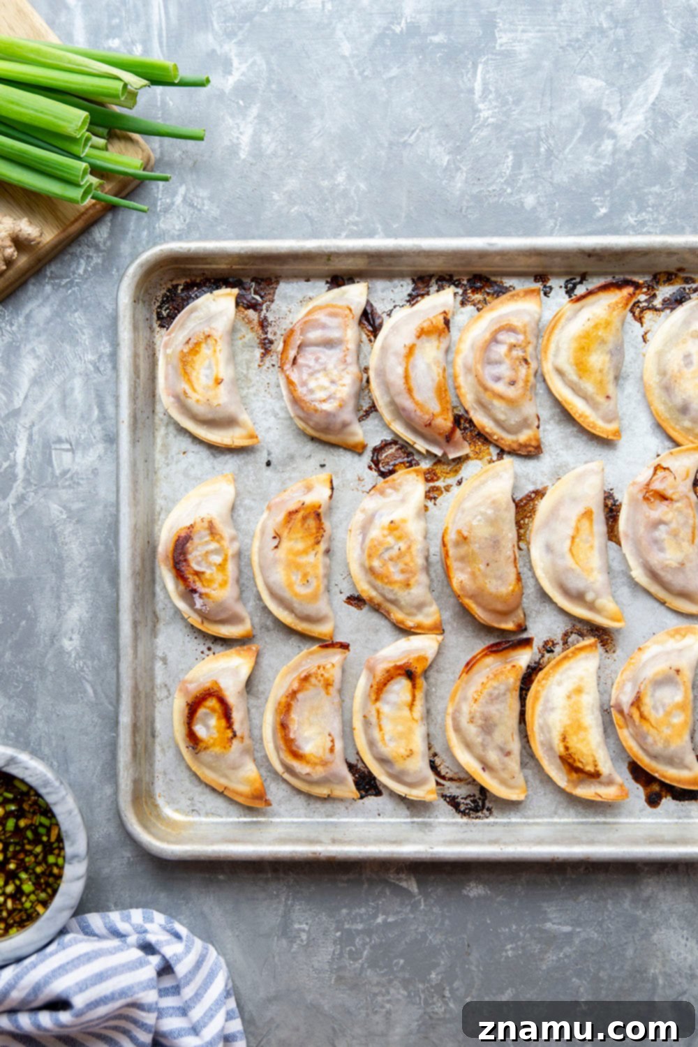 Close-up of baked spicy chicken potstickers arranged on a sheet pan, showing their golden-brown and crispy texture.
