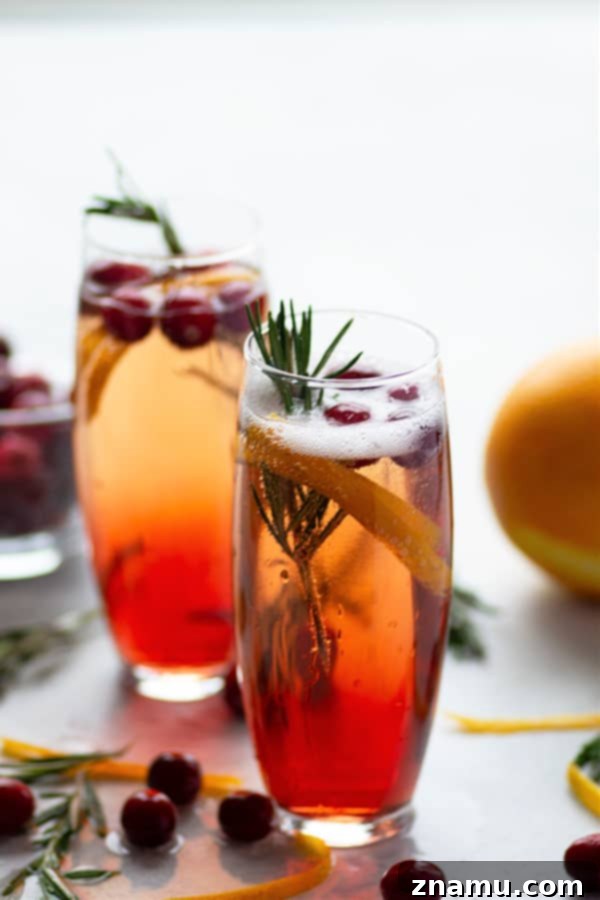 Three Poinsettia cocktails in flutes, with rosemary and cranberries, ready to serve.