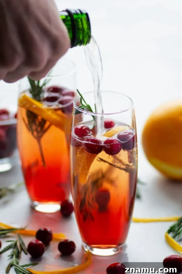 Poinsettia cocktail with garnishes, close-up showing the fresh rosemary and cranberries.