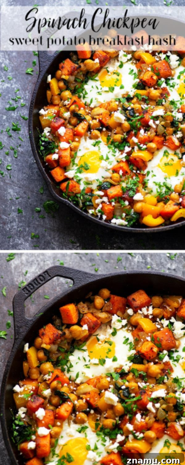 Overhead shot of a full sweet potato breakfast hash in a cast iron skillet, with a serving spoon ready to scoop. The hash is generously topped with fresh parsley and feta cheese, highlighting its vibrant and inviting presentation.