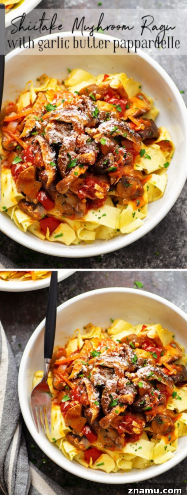 Overhead view of a prepared bowl of shiitake mushroom ragu with garlic butter pappardelle