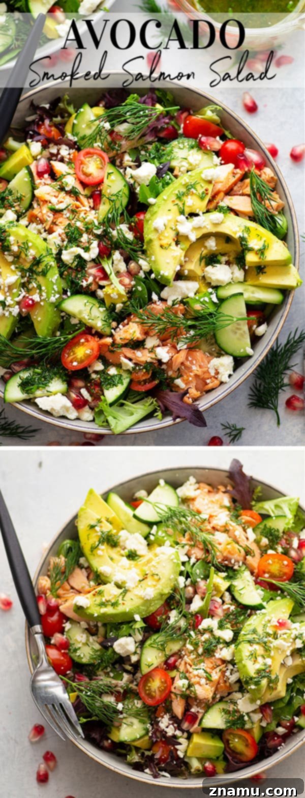 Smoky Salmon and Creamy Avocado Salad with Tangy Honey Dijon 6 Smoked Salmon and Avocado Salad from an aerial view, showcasing all its fresh ingredients and inviting textures.