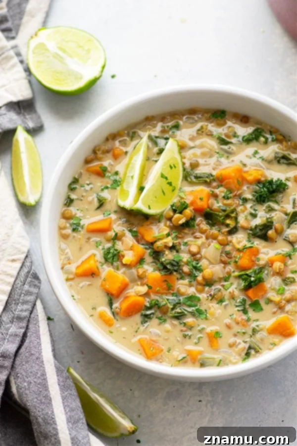 Nourishing Sweet Potato & Kale Coconut Curry Lentil Soup 2 This cozy coconut curry lentil soup features tender sweet potatoes, soft lentils, and wilted kale in an incredibly flavorful creamy coconut curry broth. - so easy to prepare and completely vegan!